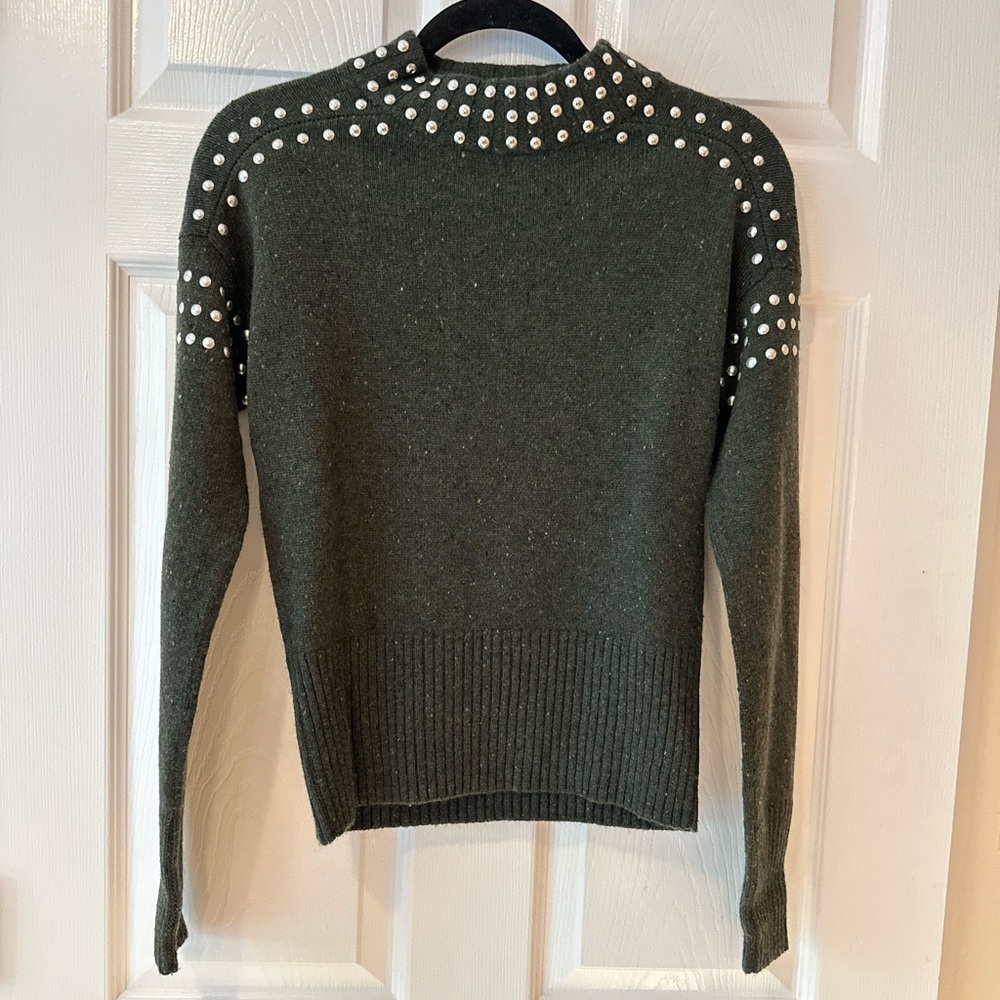 Autumn Cashmere Dark Green Mock Neck Sweater with Stud Details XS NWOT